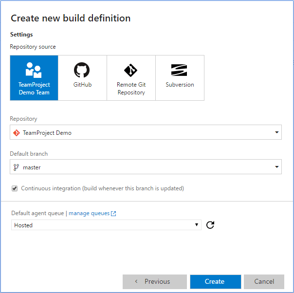 VSTS Create New Build Definition